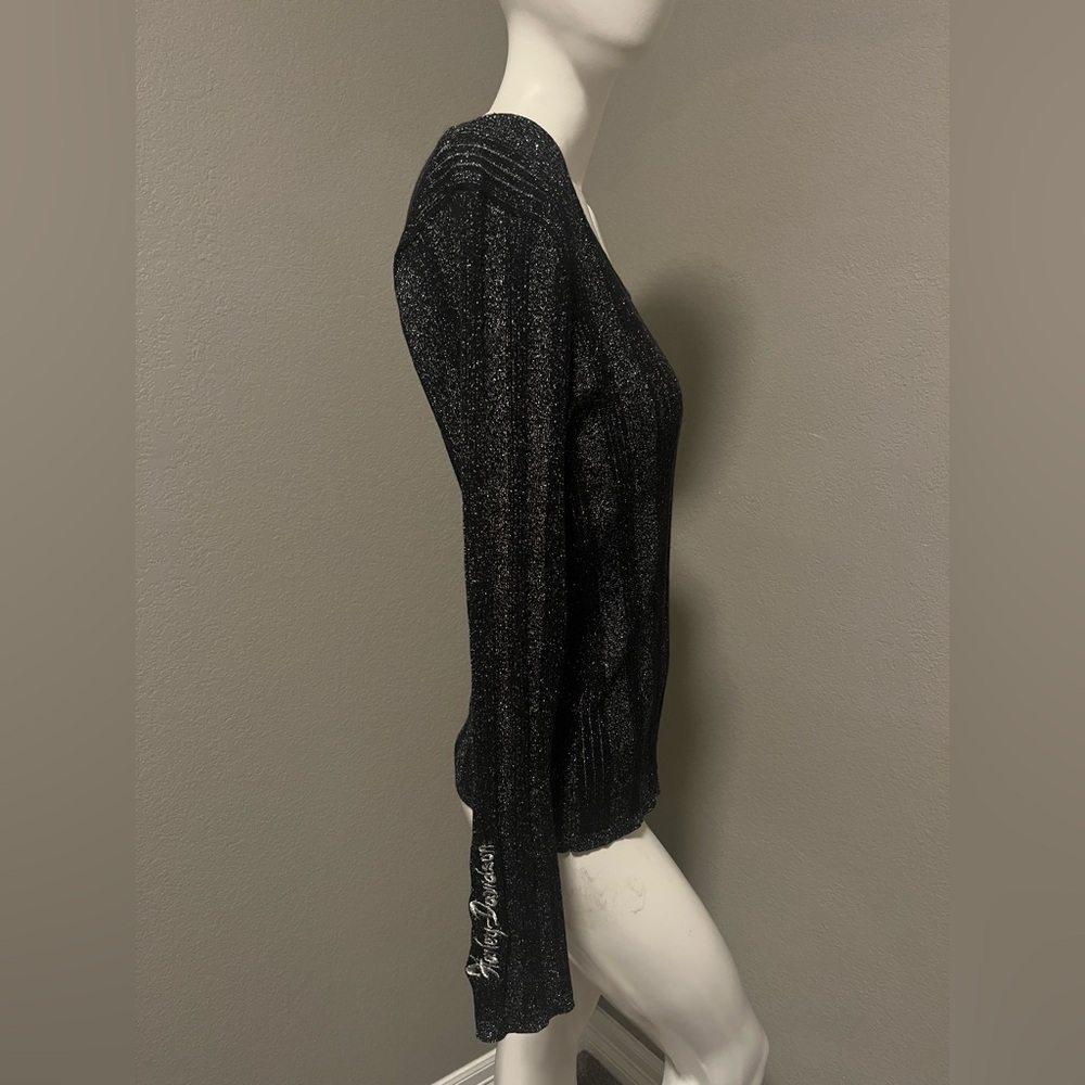 Harley-Davidson Women”s  Black & Silver Metallic LS Stretch Top Blouse Size XL - Picture 3 of 12